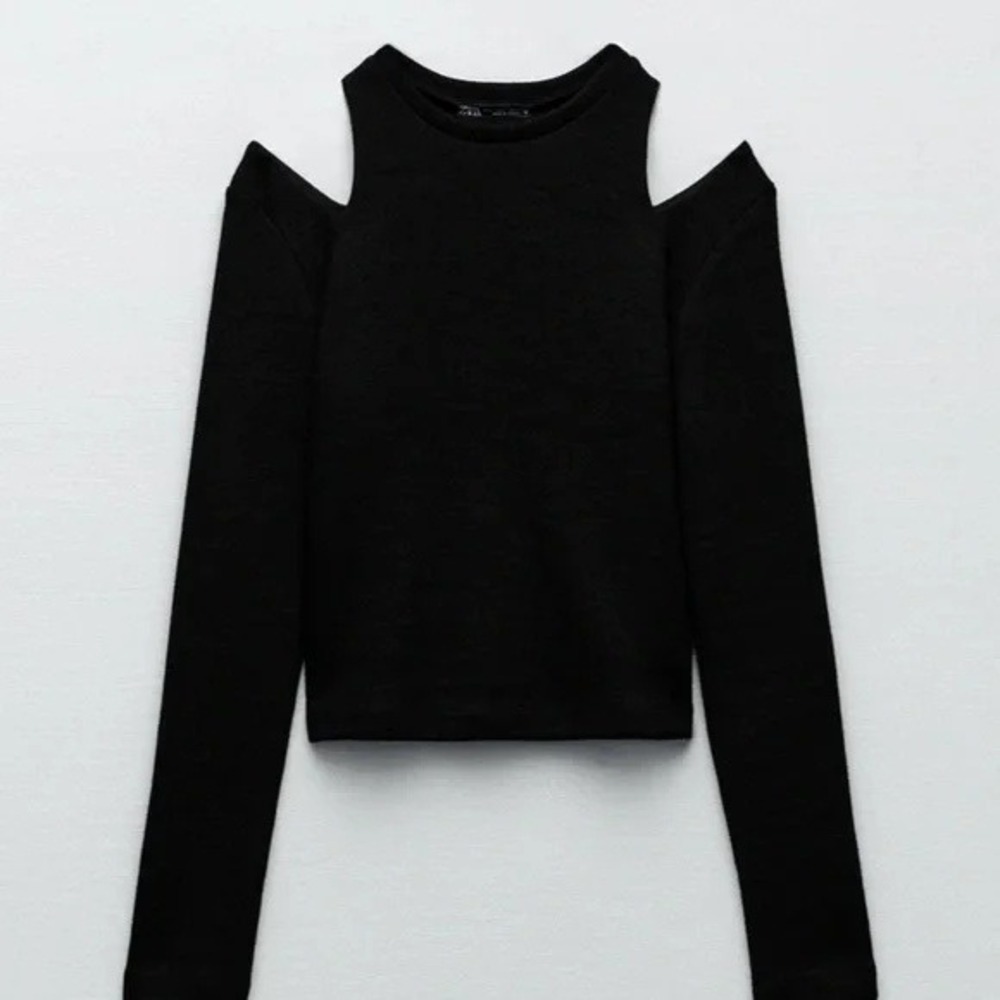 ZARA WOMAN Midriff Crop Top Small Long Sleeve Cold Shoulder Black Casual Size S - Picture 3 of 11